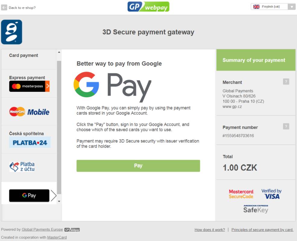 Page showing Google Pay payment information for the customer