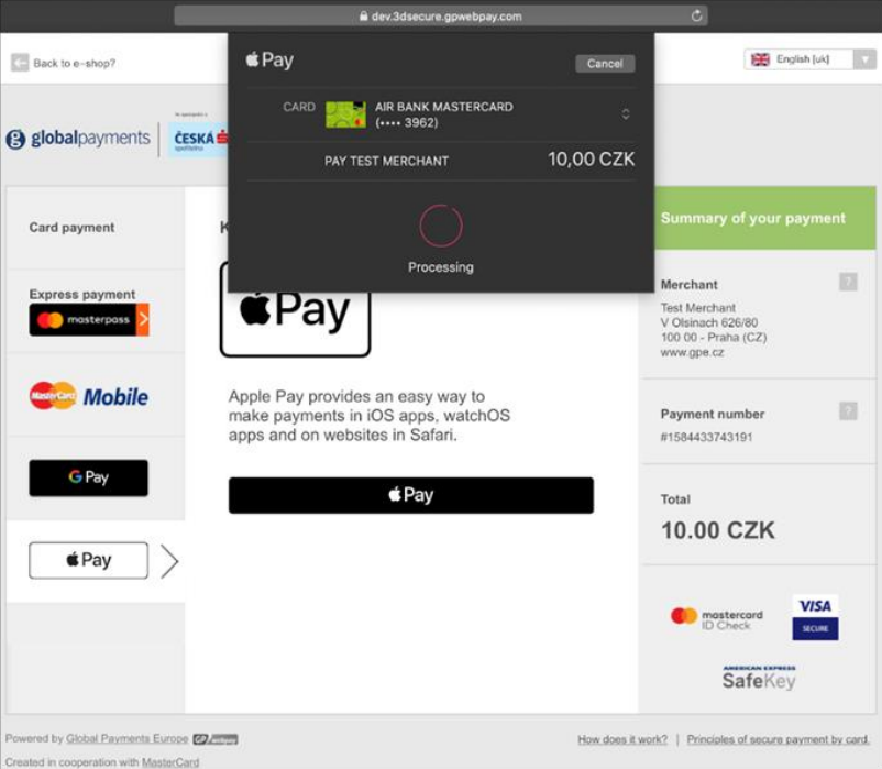 Page showing Apple Pay payment information for the customer