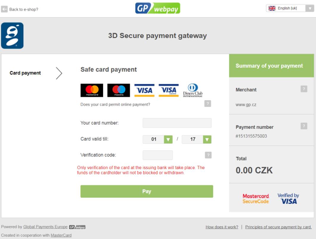 Display of the payment page for the Card verification functionality