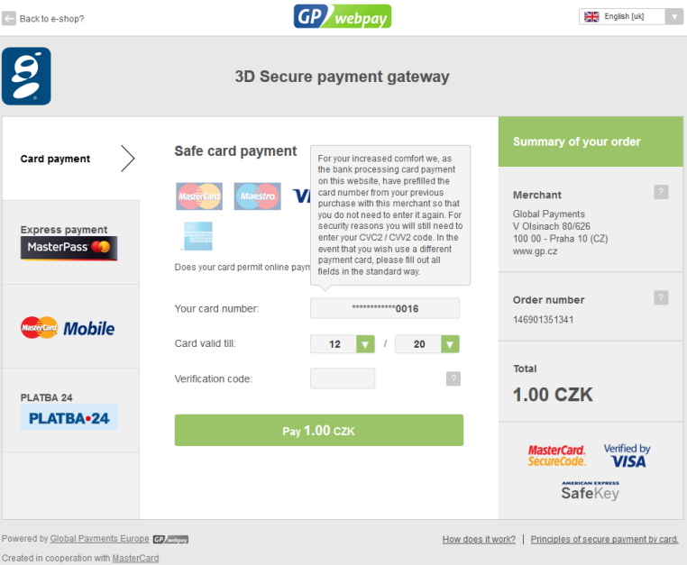 Display of the last 4 digits and card validity when using the Fastpay functionality