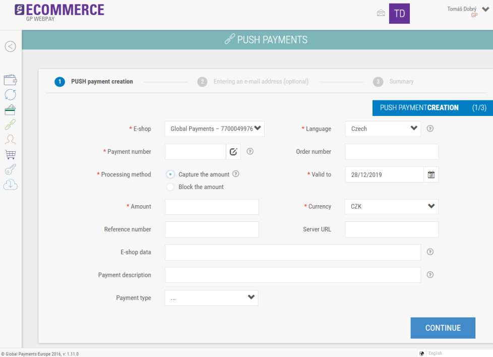 Creating a PUSH payment in the GP webpay Portal